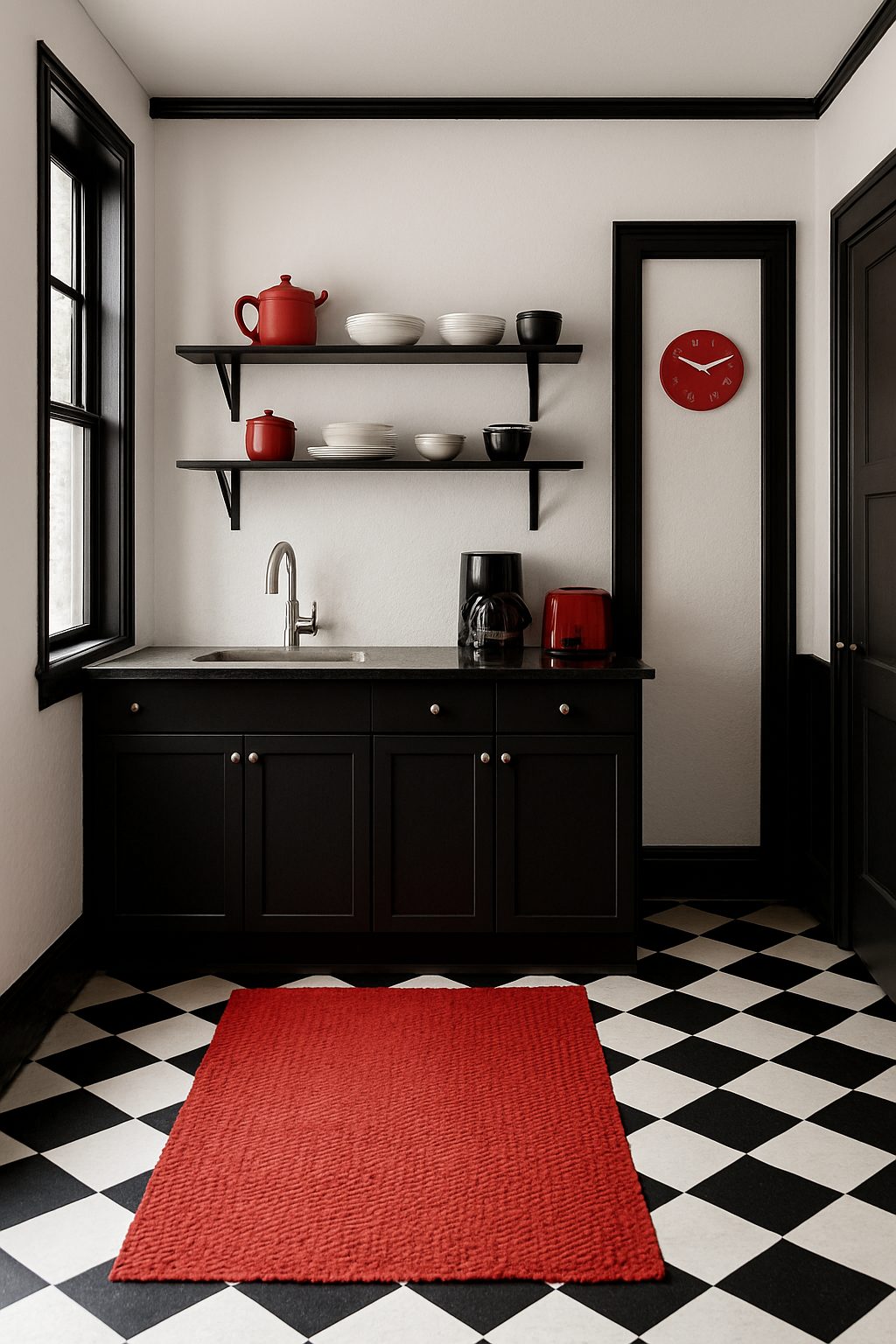 A Bold Checkered Kitchen with Red Rug and Black Trim Accents