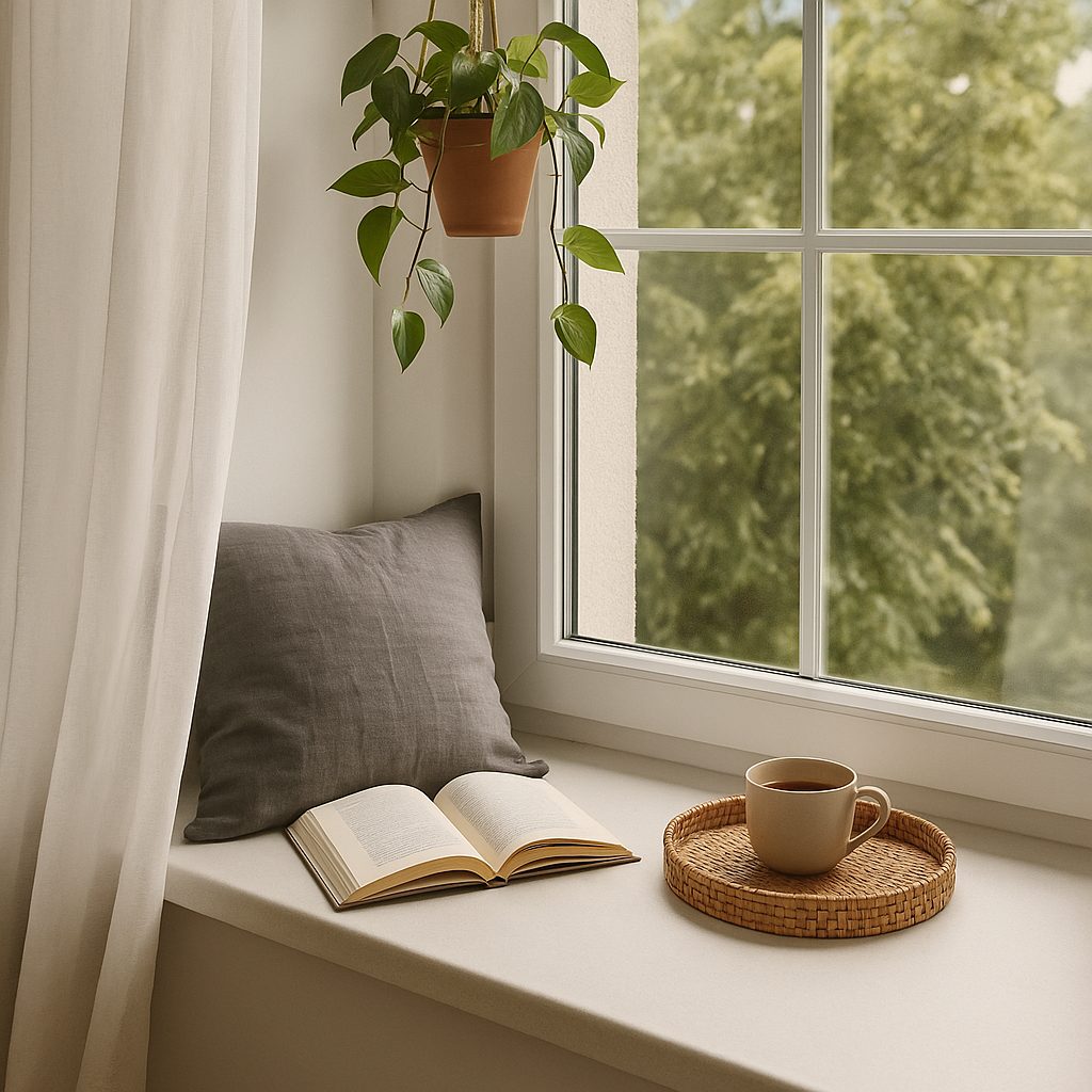 Cozy Window Nook with Soft Light and Hanging Greenery