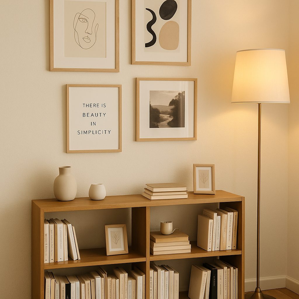 Creative Gallery Wall Above a Minimal Bookshelf