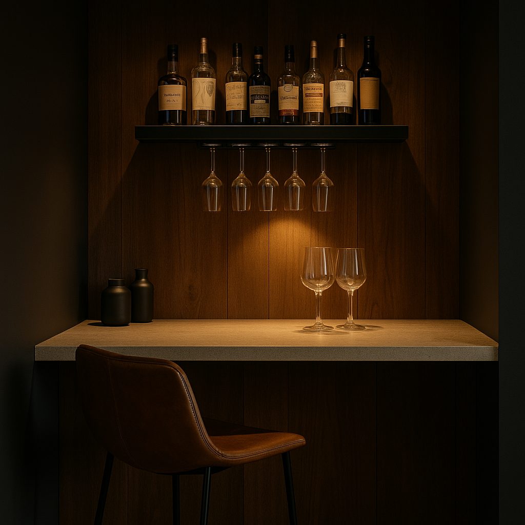 Home Bar Nook with Wood and Black Accents in Ambient Light
