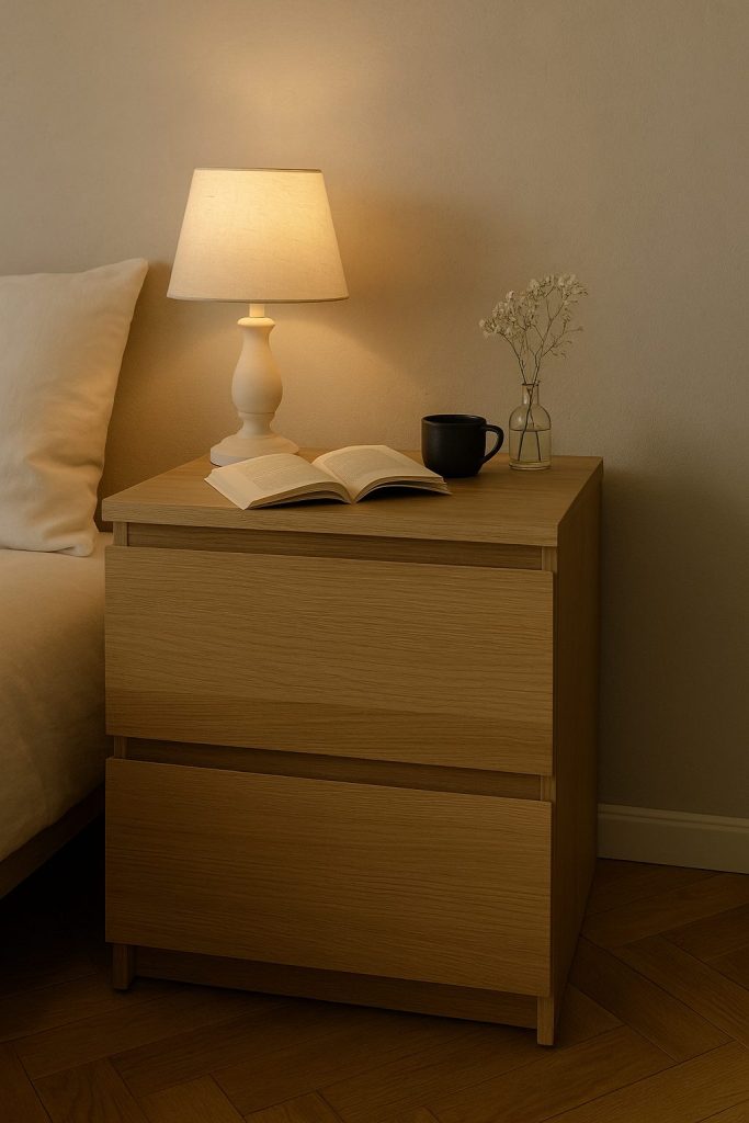 Morning Stillness Beside a Light Wood Nightstand