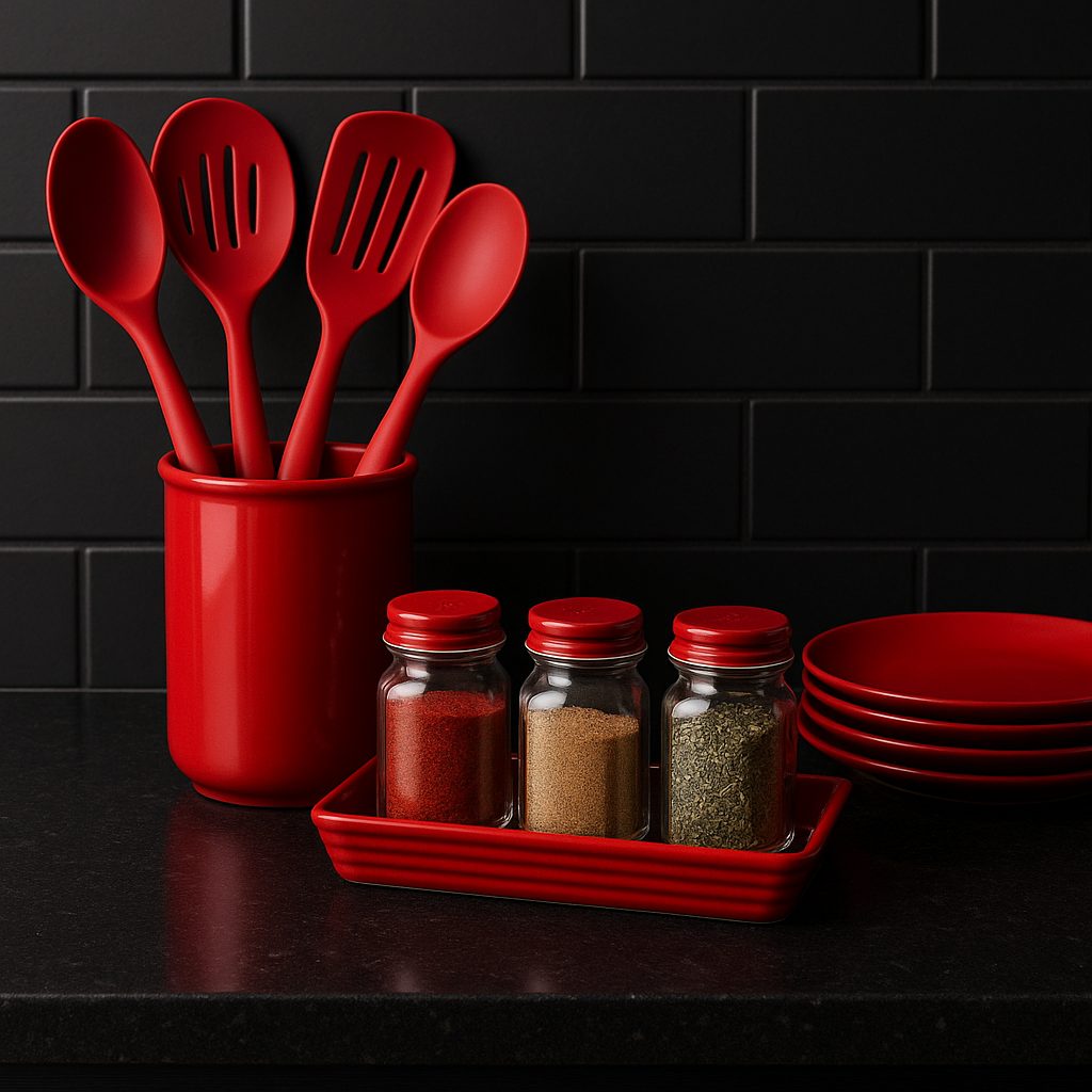Red Utensils and Spice Jars on a Sleek Black Granite Kitchen Counter