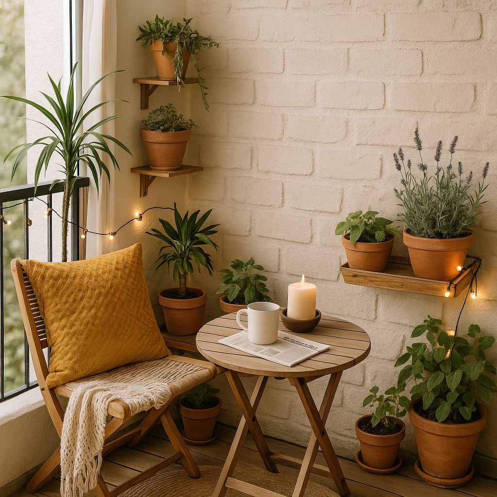 Small Balcony Retreat with Plants, Warm Lights & Calm Vibes