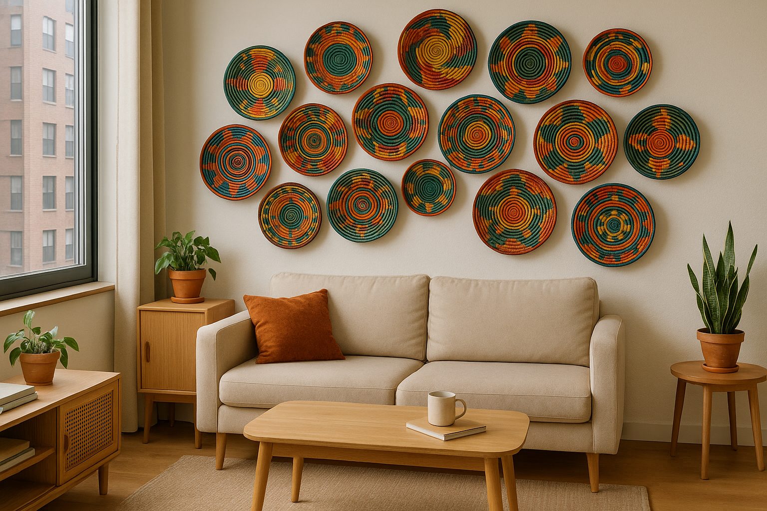 African basket decor on apartment wall