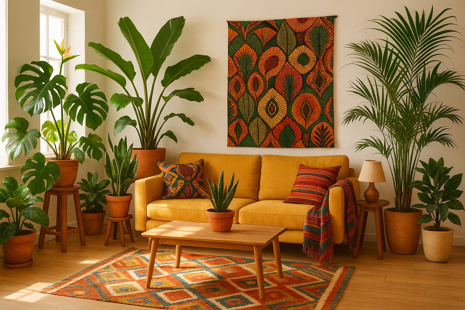 African-inspired indoor plants in small living room