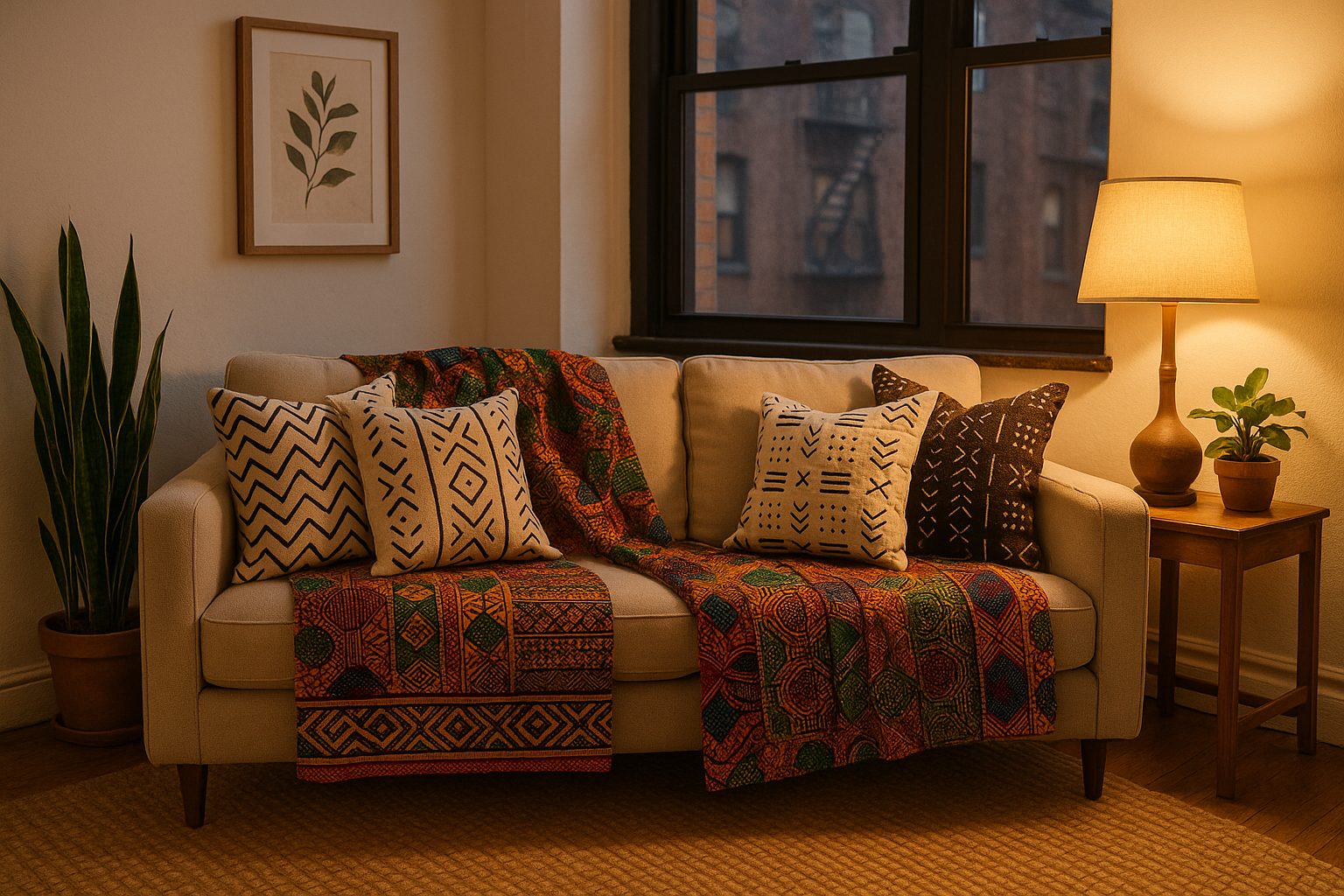 African textiles decorating cozy urban living room