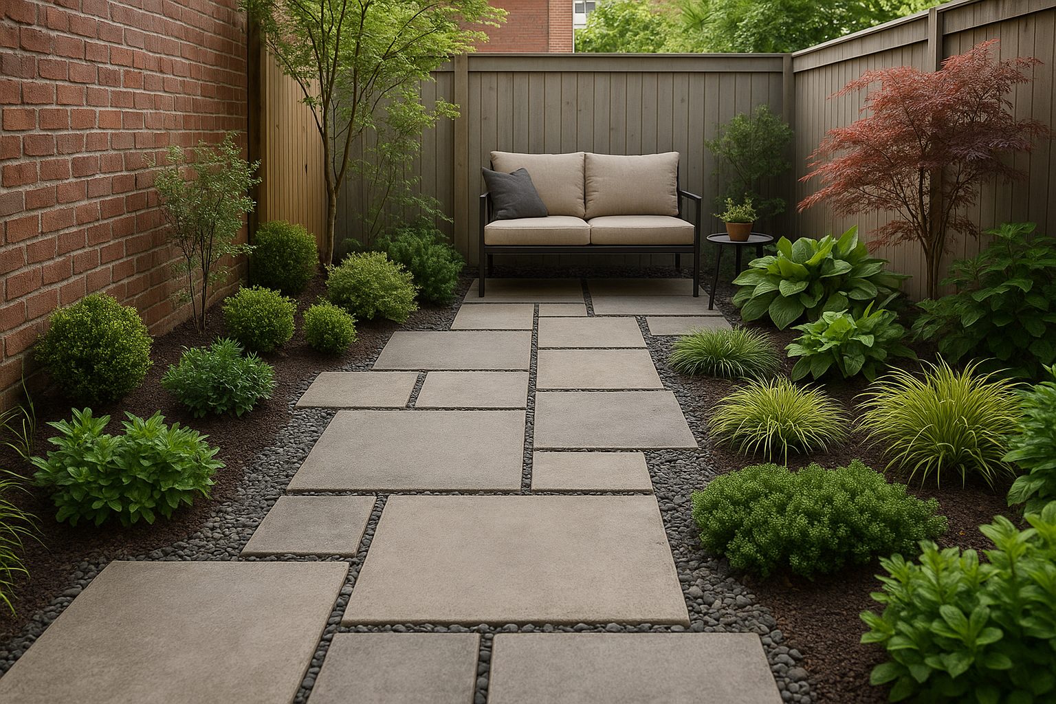 Compact backyard walkway with mixed-size modern concrete pavers