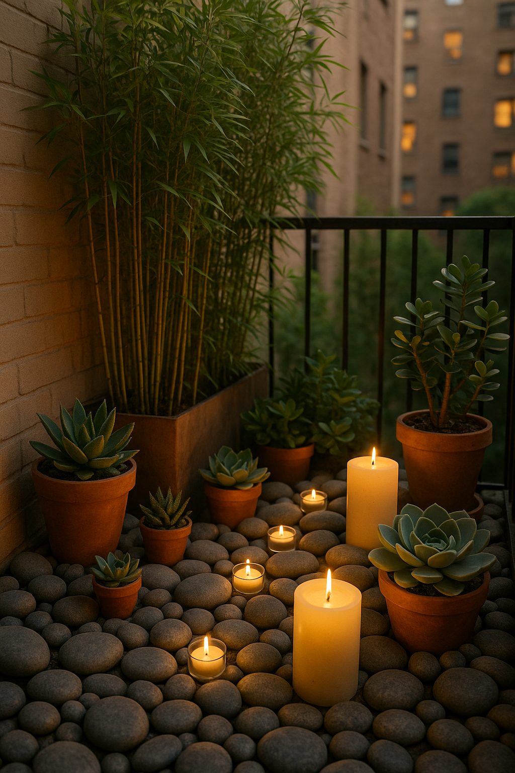 Cozy balcony zen garden with stones and plants