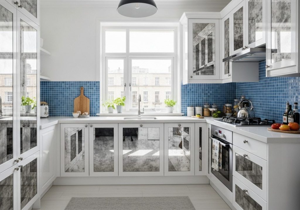 Decorative mirrors above cabinets creating spacious feeling in compact kitchen