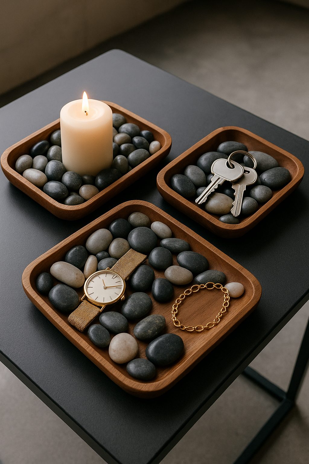 Decorative pebble trays with candles and accessories