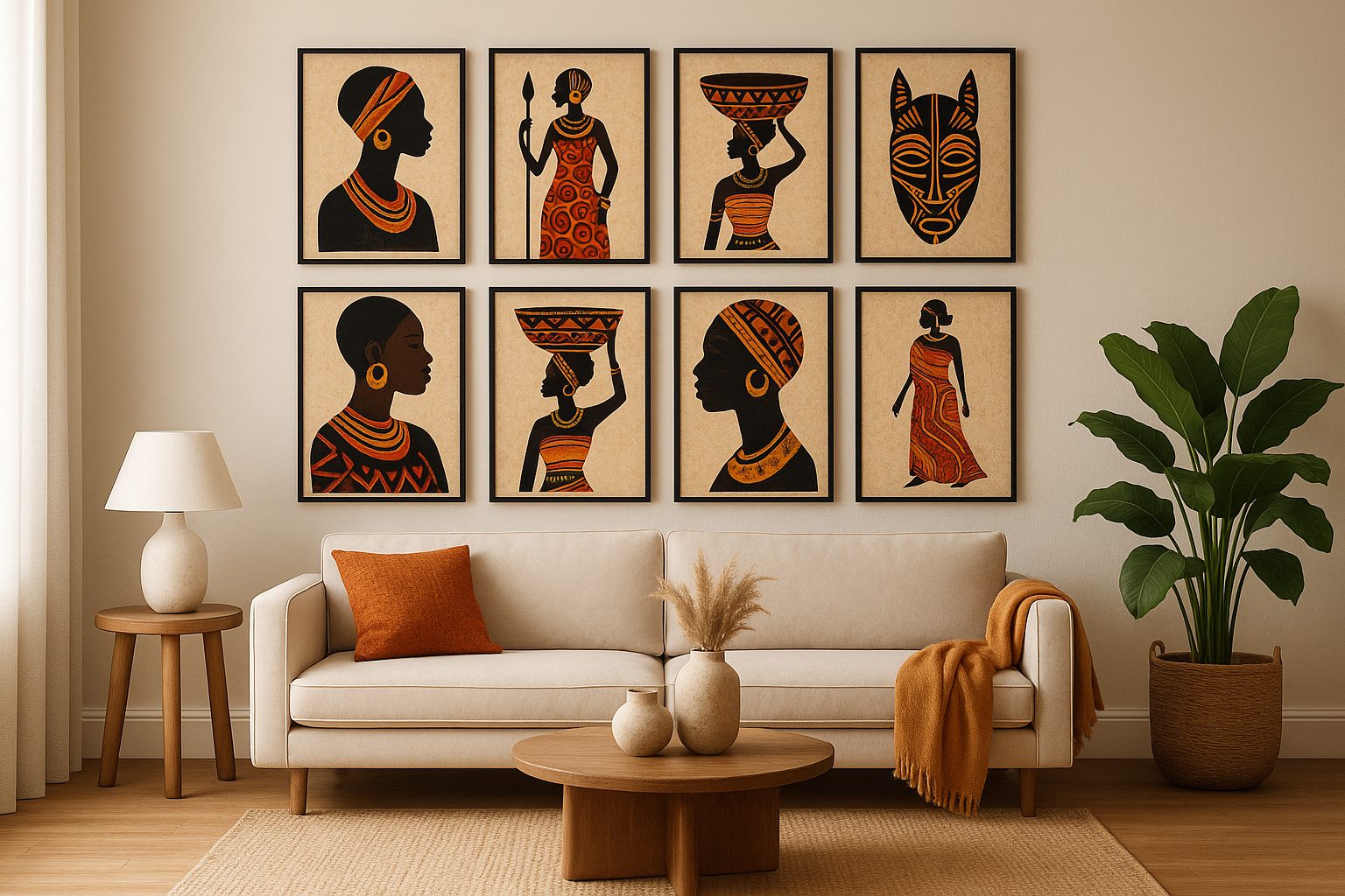 Gallery wall with African tribal art prints