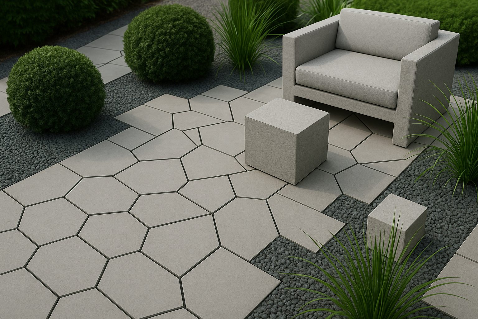Geometric patterned concrete walkway with urban chic furniture and greenery