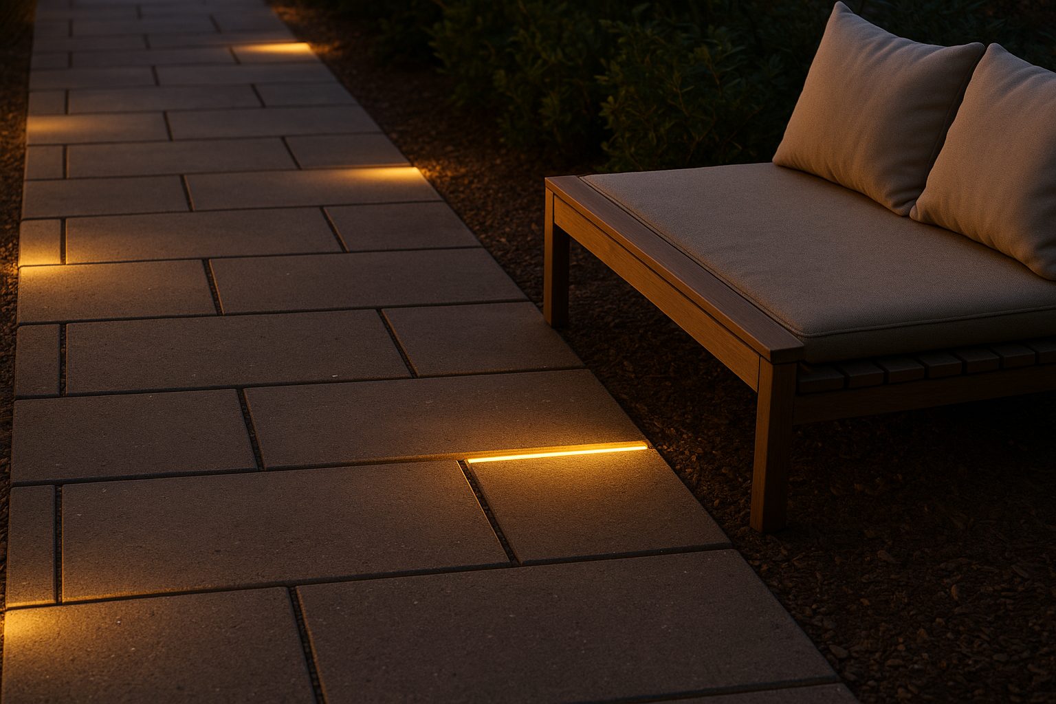 Illuminated concrete walkway with warm LED lights enhancing urban coziness