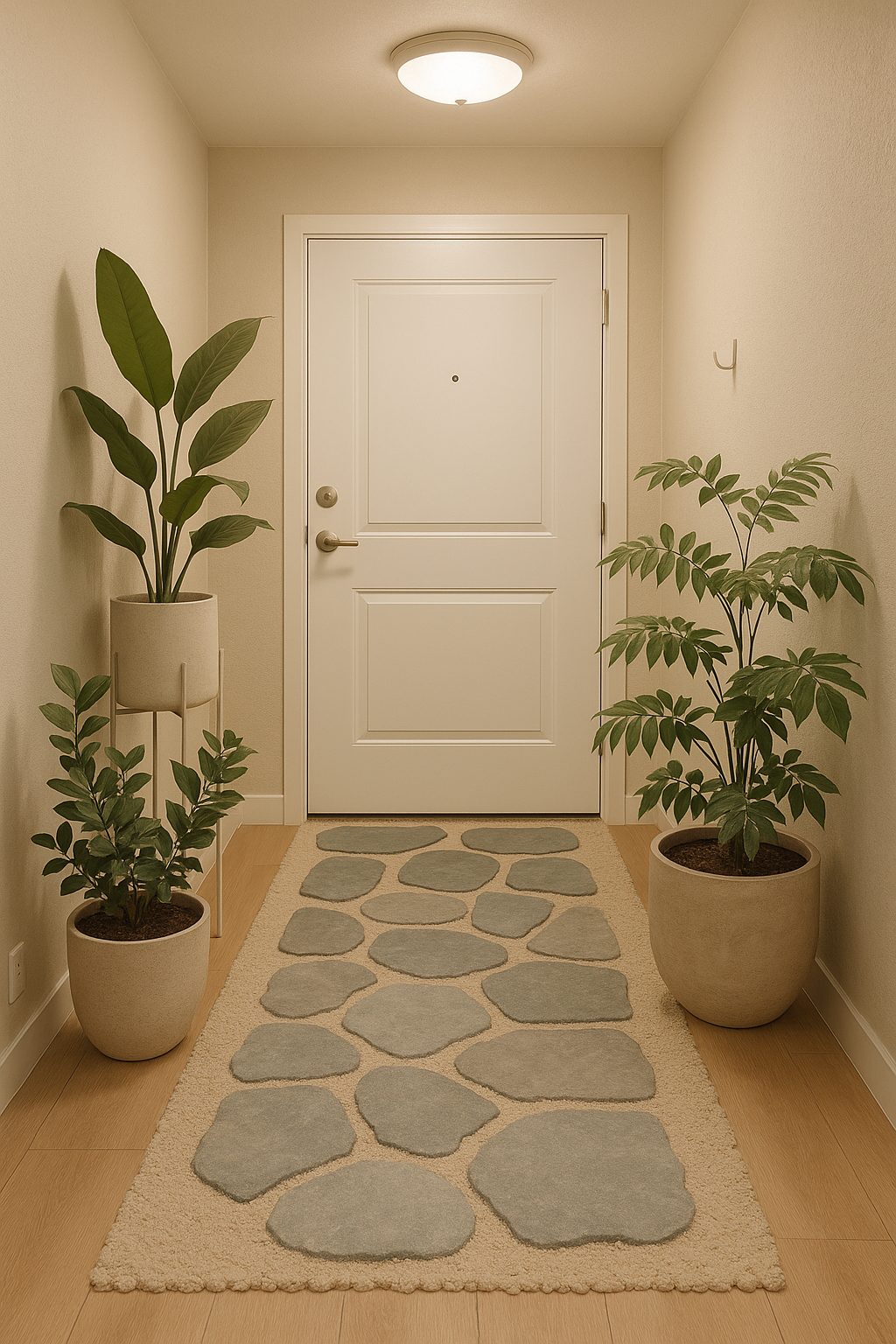 Indoor apartment stone pathway with plants