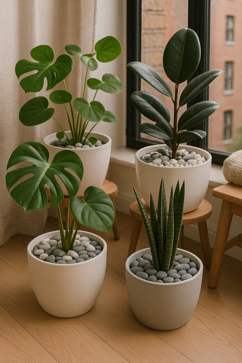 Indoor plants with decorative stone mulch