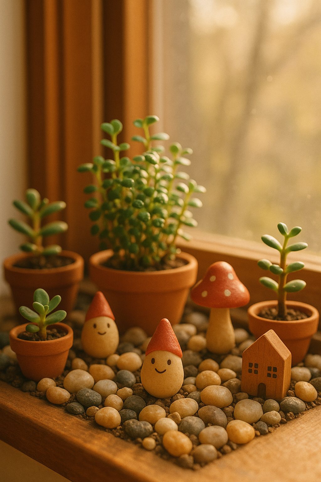 Miniature stone garden on windowsill