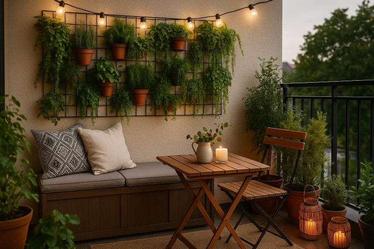 Modern garden decoration on an urban apartment balcony featuring vertical planters, cozy seating, string lights, and personal DIY touches