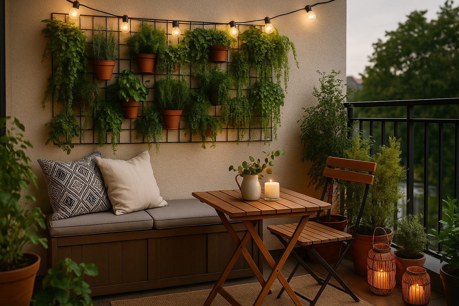 Modern garden decoration on an urban apartment balcony featuring vertical planters, cozy seating, string lights, and personal DIY touches