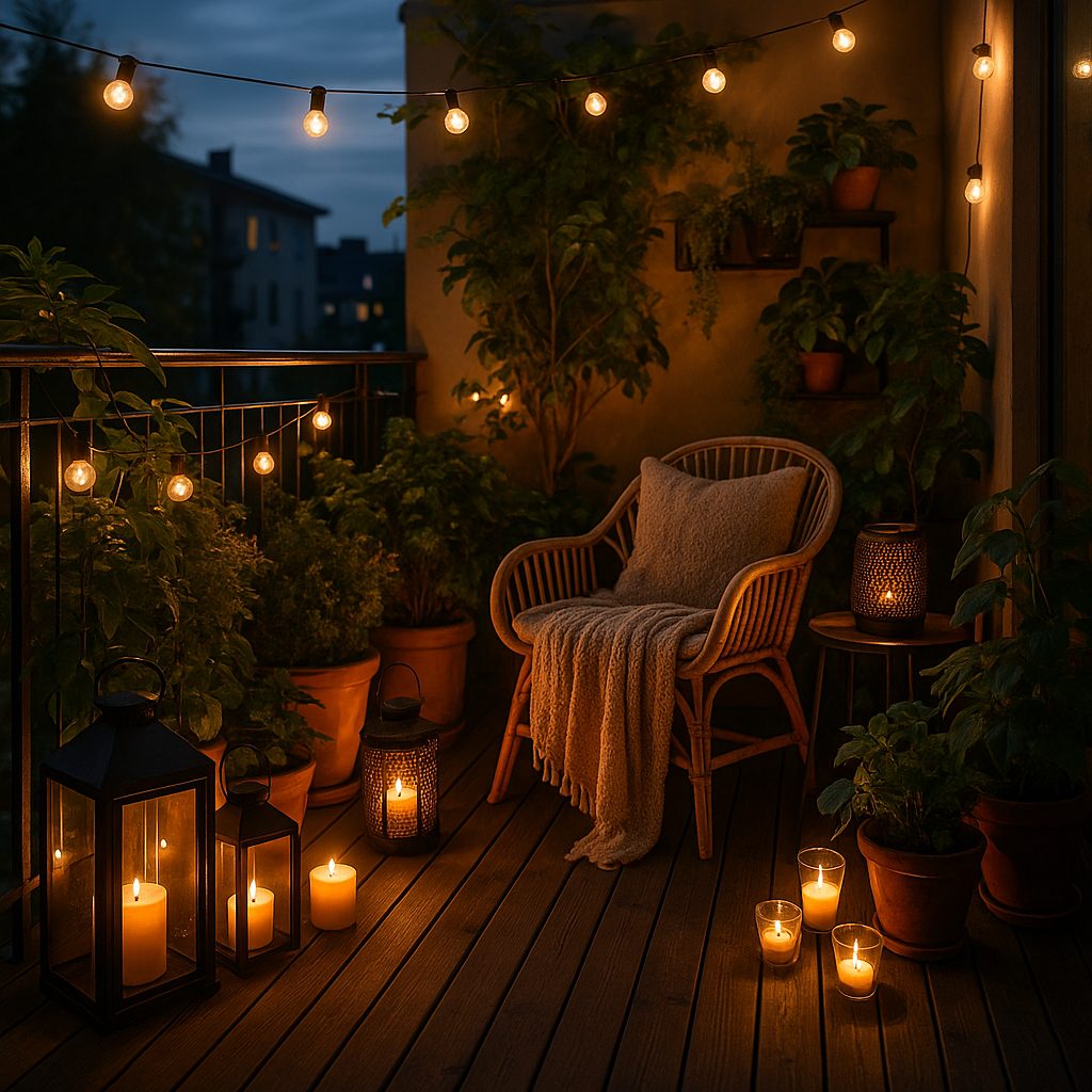 Modern garden decoration with solar-powered lights on urban apartment balcony