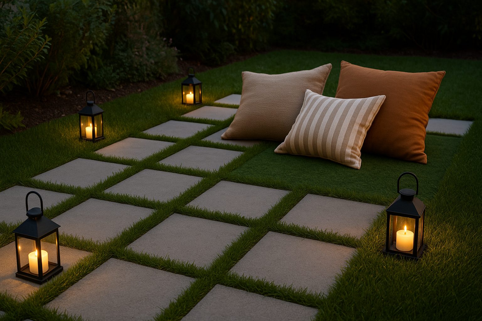 Modern grass-integrated concrete paver walkway in urban garden setting