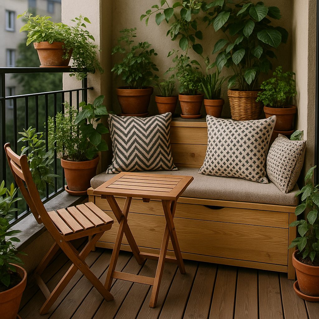Multi-functional outdoor furniture enhancing modern garden decoration on apartment balcony