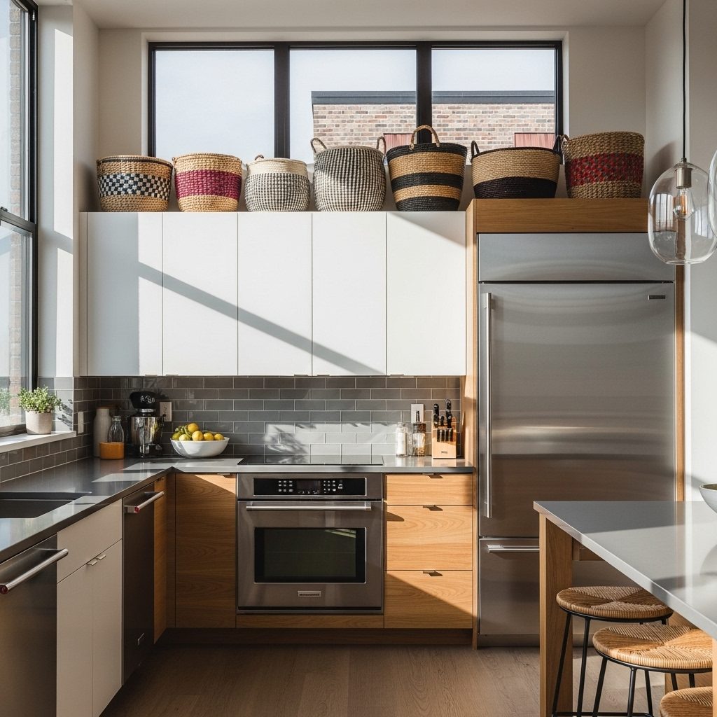 Neutral woven baskets decorating above cabinets for stylish kitchen storage