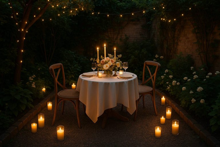 Romantic candlelight in urban garden
