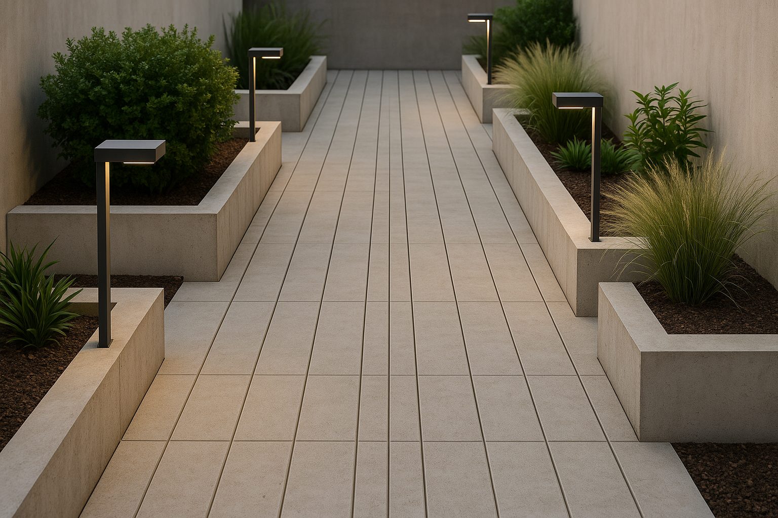 Sleek linear concrete paver walkway with modern planters and lighting