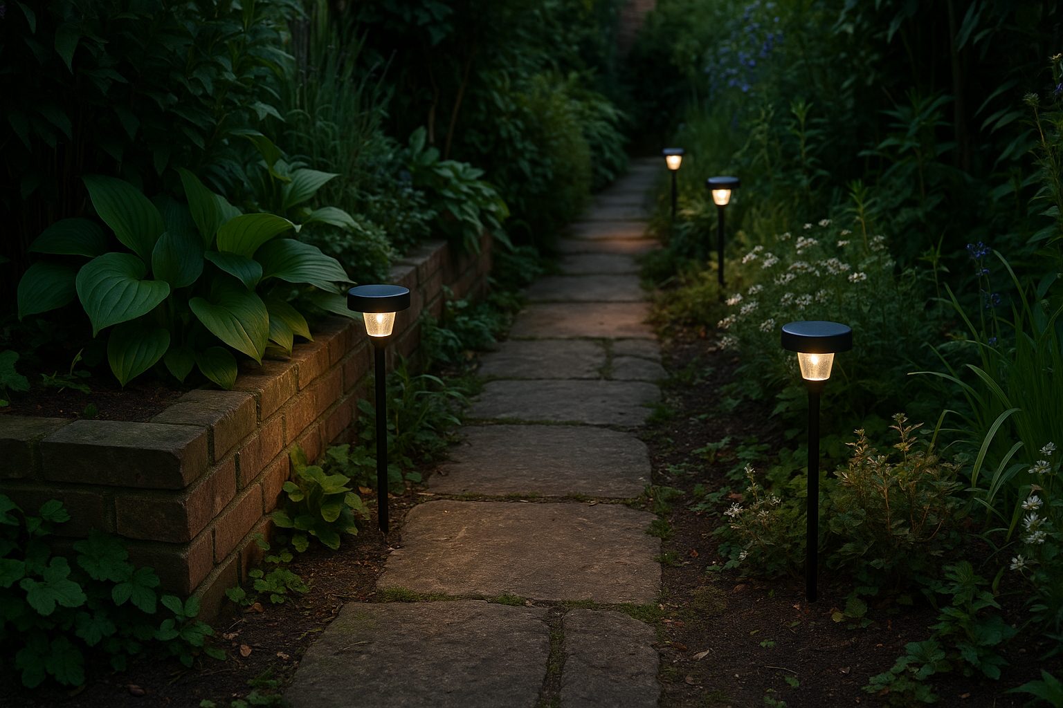 Sleek solar path lights in compact garden