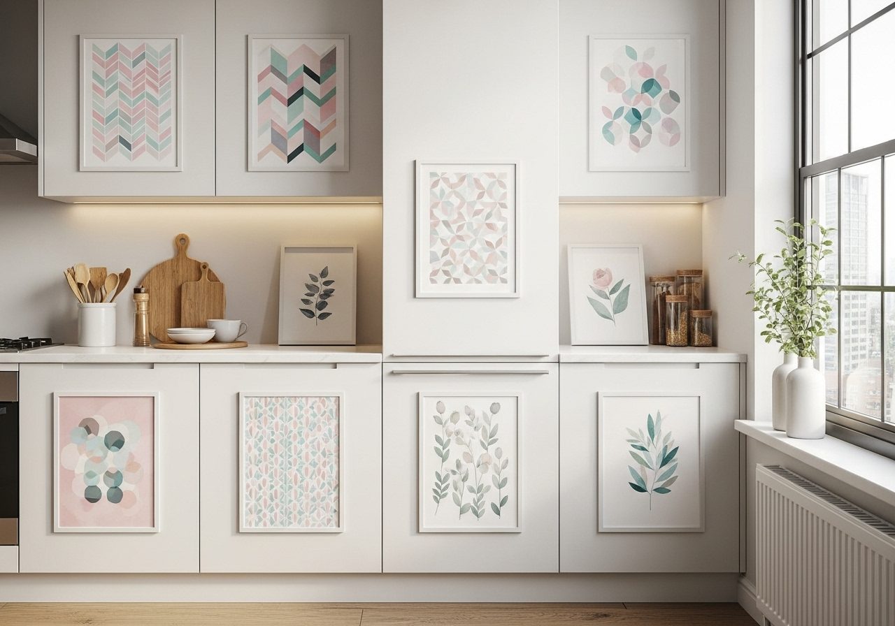 Small kitchen with pastel art pieces above cabinets adding visual interest