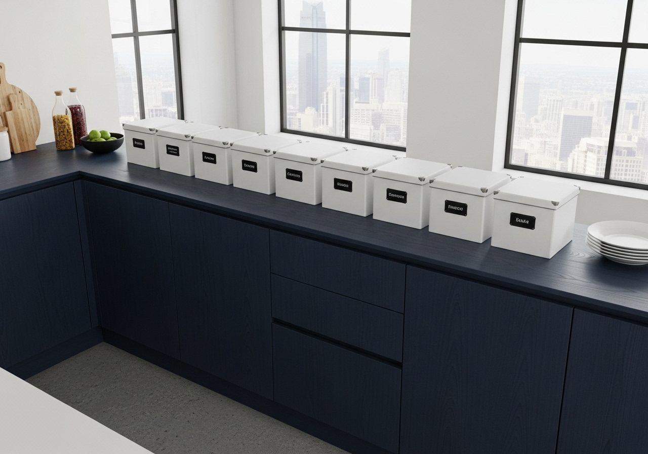 Stylish labeled storage boxes neatly organized above kitchen cabinets