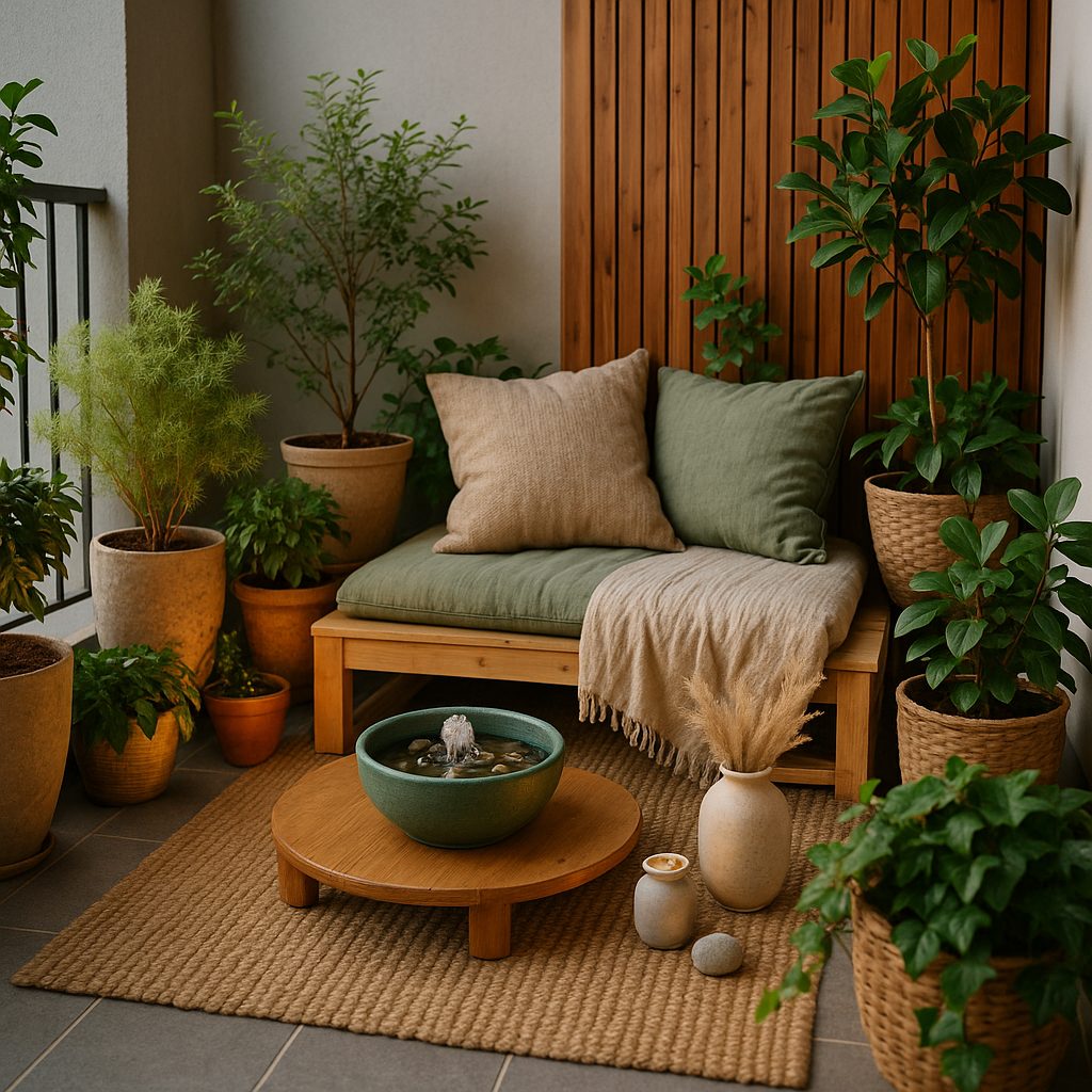 Tranquil urban balcony designed for relaxation showcasing modern garden decoration