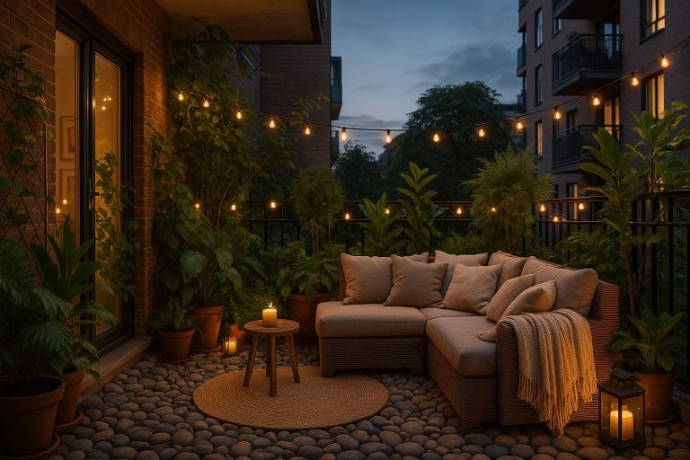 Urban apartment balcony garden decoration with stones
