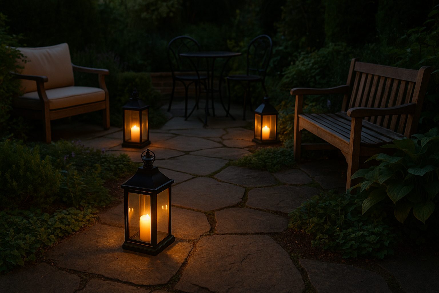 Urban garden patio with metal and glass lanterns