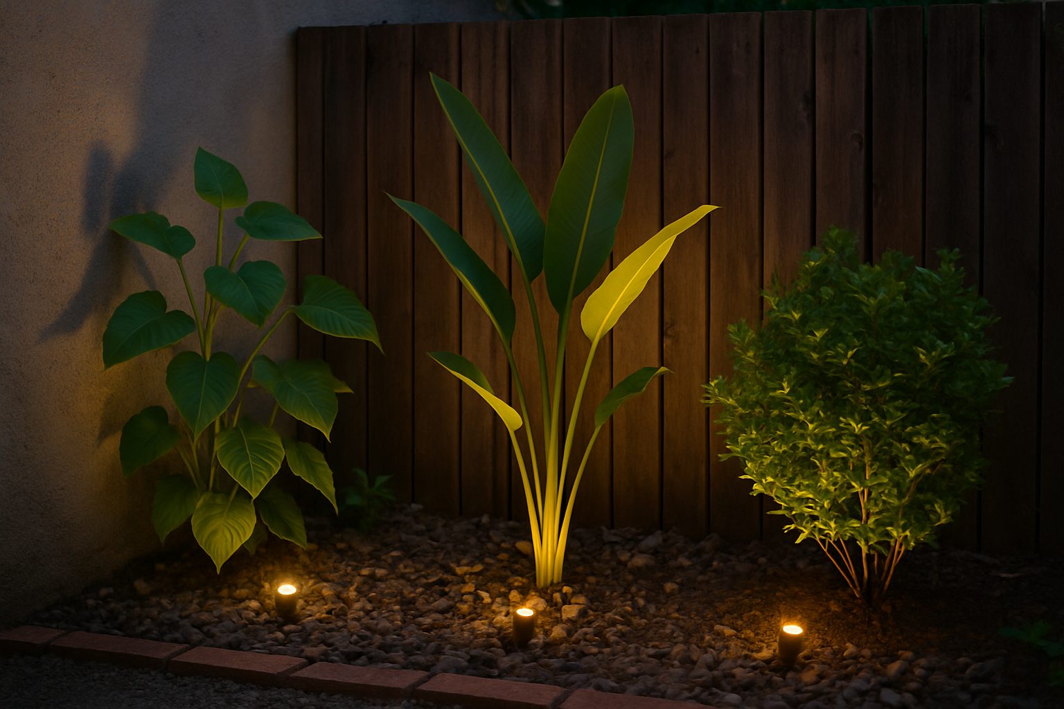 Urban garden plants highlighted by LED spotlights