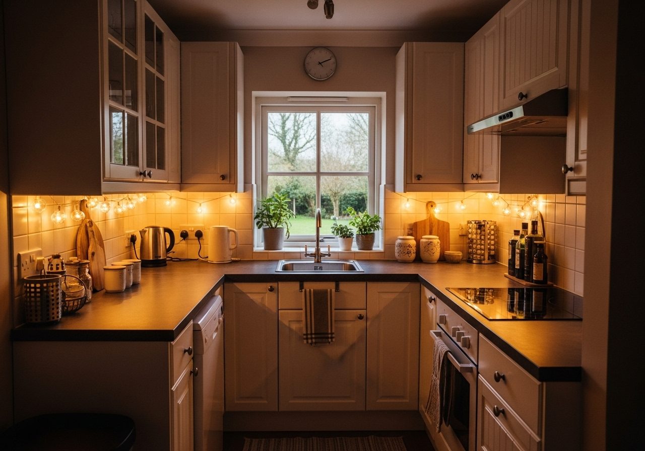 Urban kitchen cabinets adorned with warm fairy lights for cozy ambiance