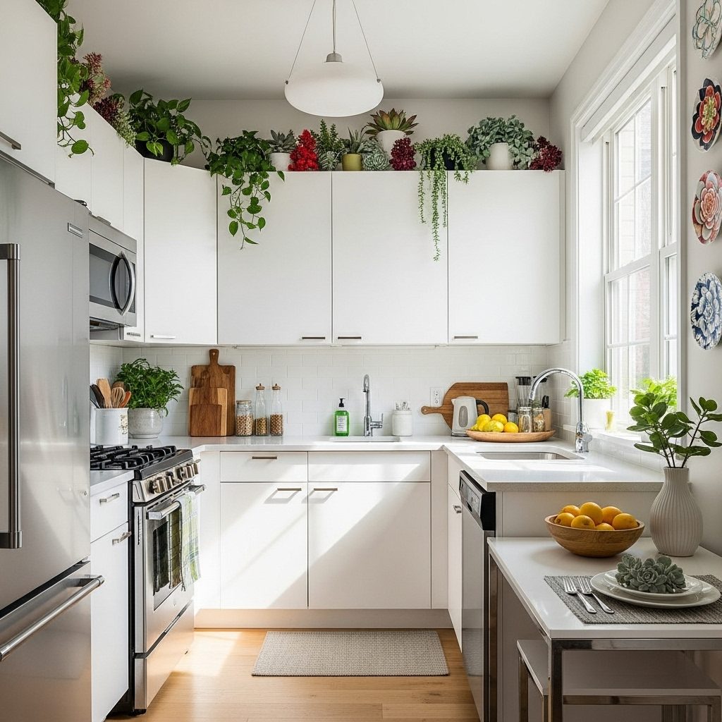 Urban kitchen cabinets decorated with lush greenery for vibrant freshness
