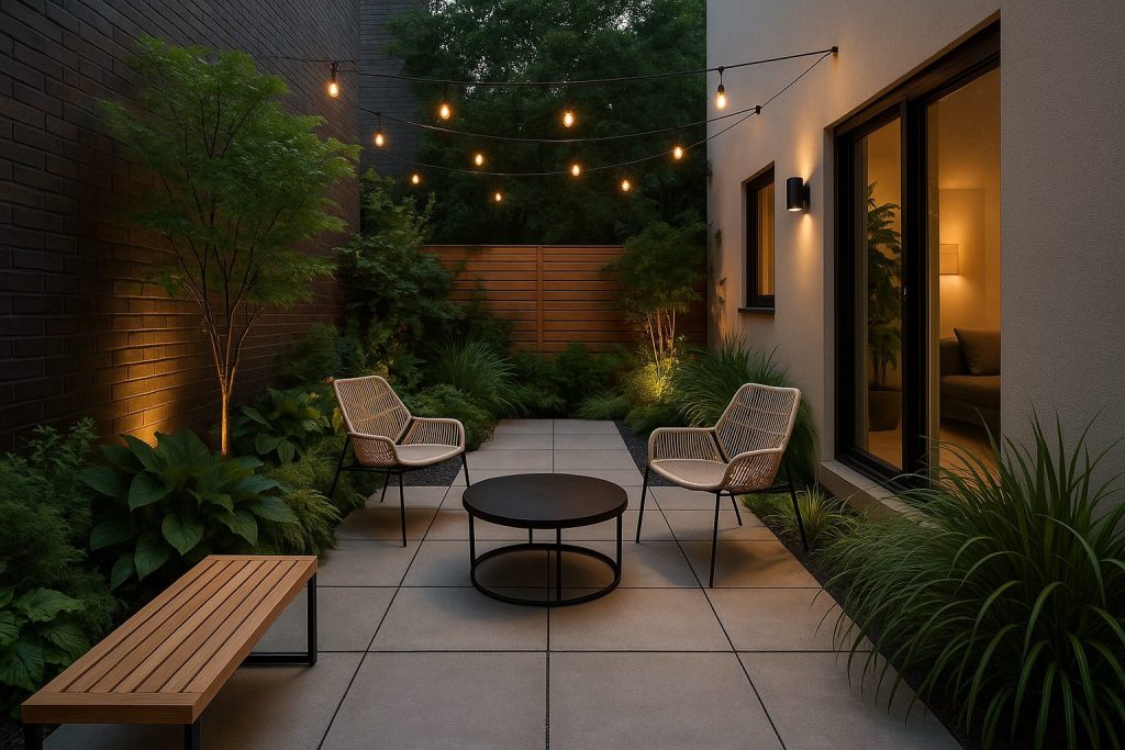 Urban patio with stylish modern concrete paver walkway, greenery, and minimalist furniture.