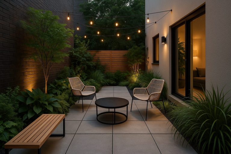 Urban patio with stylish modern concrete paver walkway, greenery, and minimalist furniture.