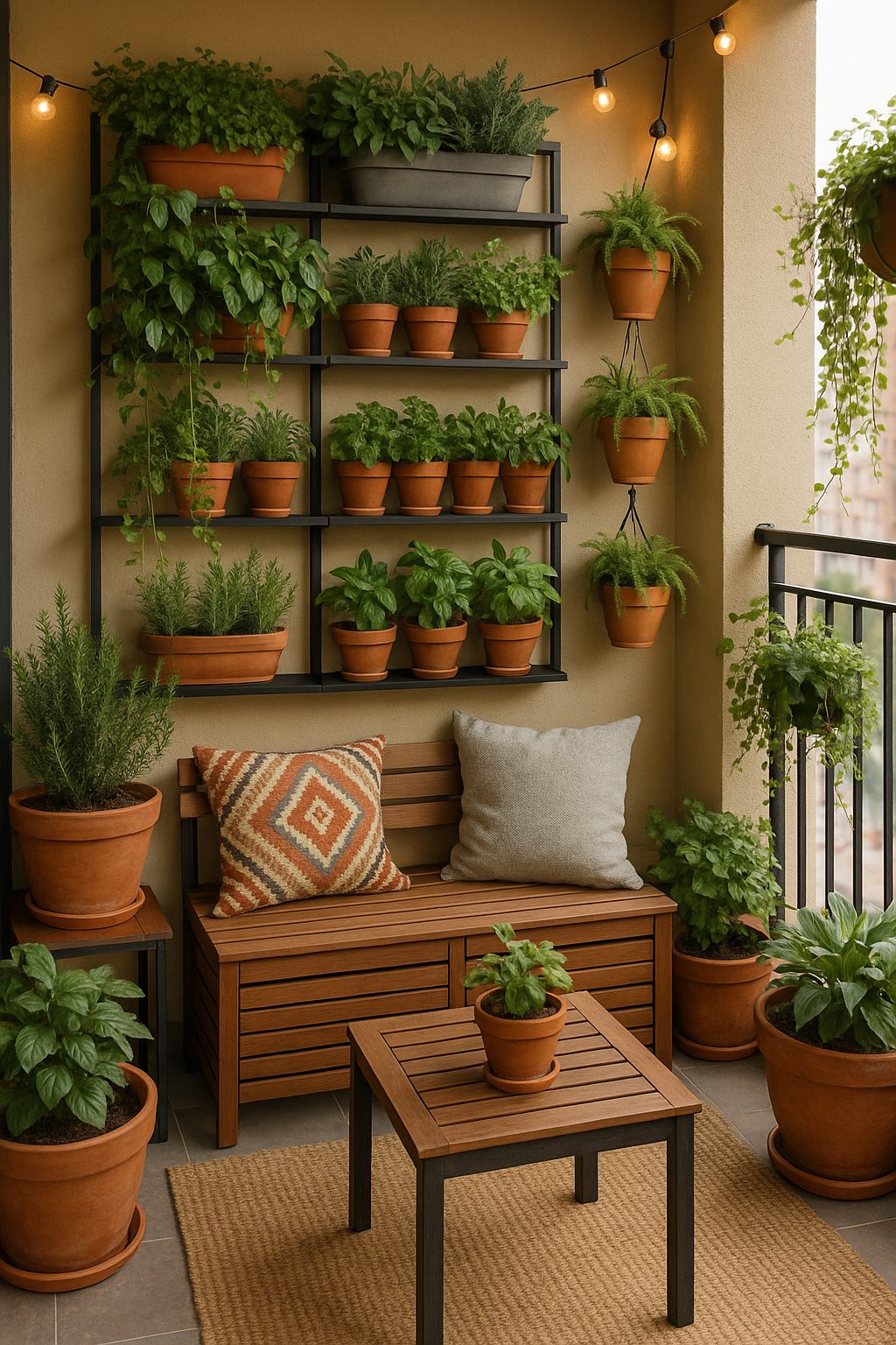 Vertical garden setup on urban apartment balcony showcasing modern garden decoration