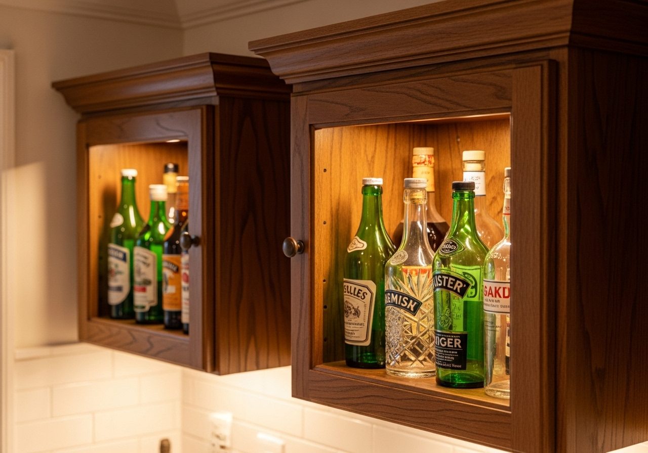 Vintage bottle collection beautifully displayed atop small kitchen cabinets