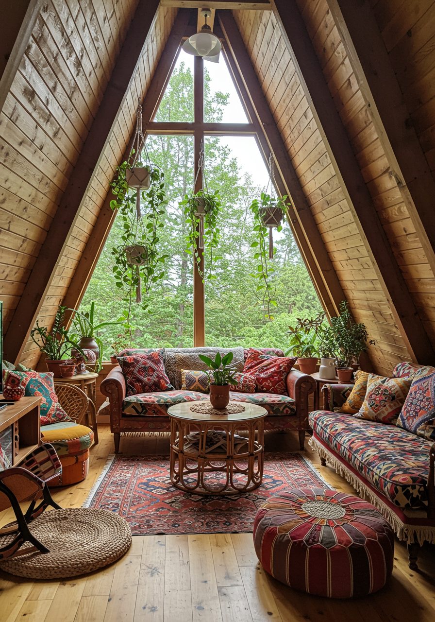 A-frame home showcasing how angled walls can be styled creatively