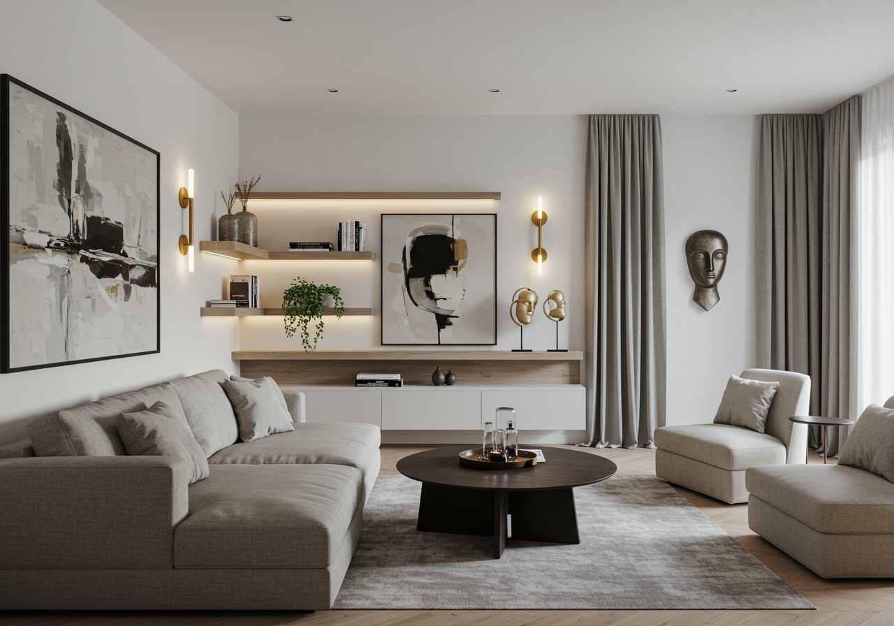 A long modern living room wall styled with large art, shelving, drapes, wall lights, and sculptural decor in a cozy neutral space