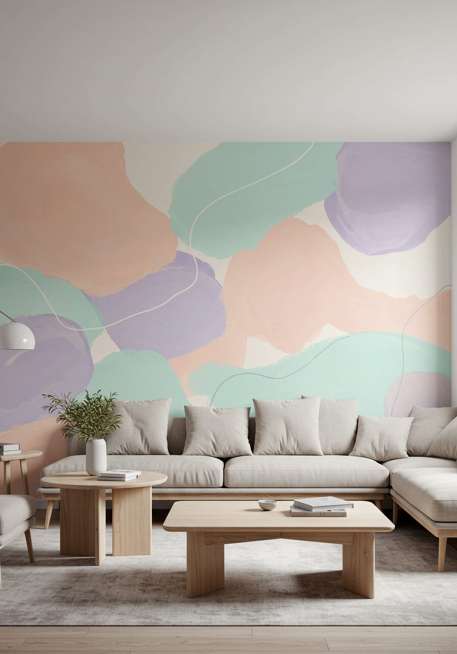 Abstract mural painted across a long living room wall in soft tones