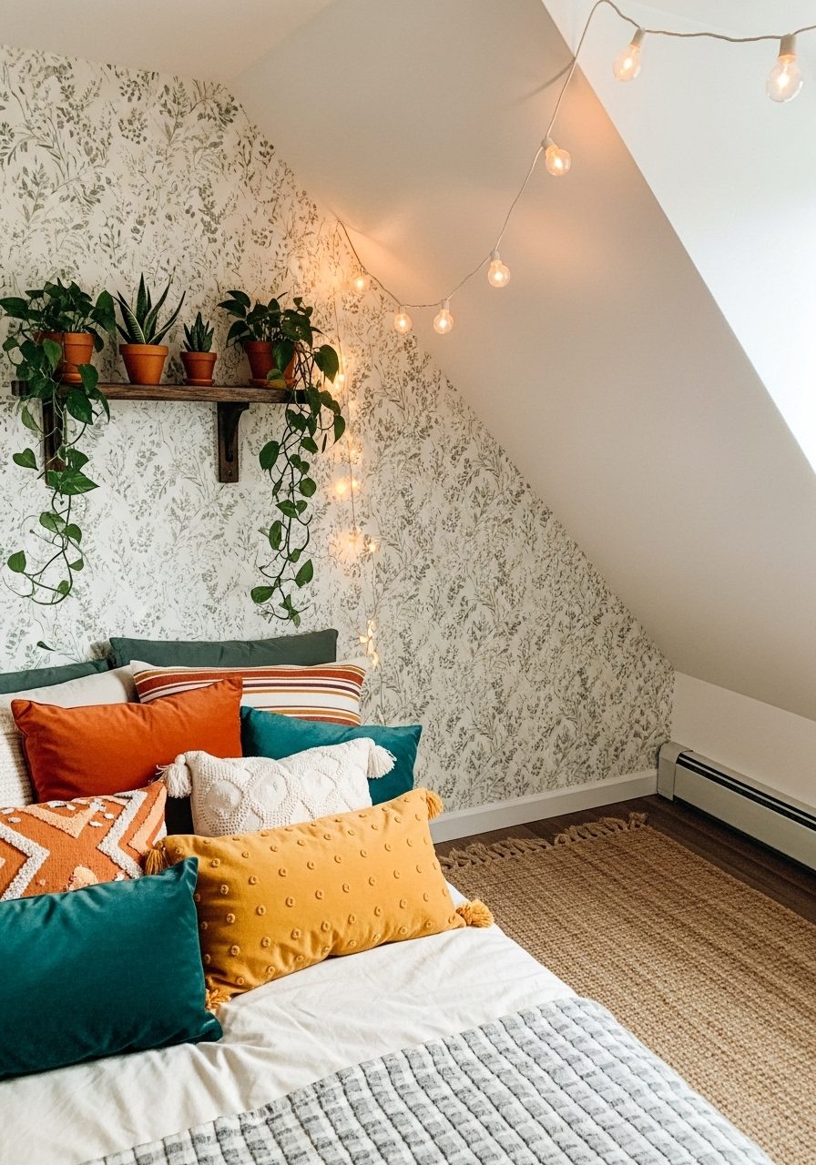 Affordable decor like peel-and-stick wallpaper and lights in a slanted wall bedroom