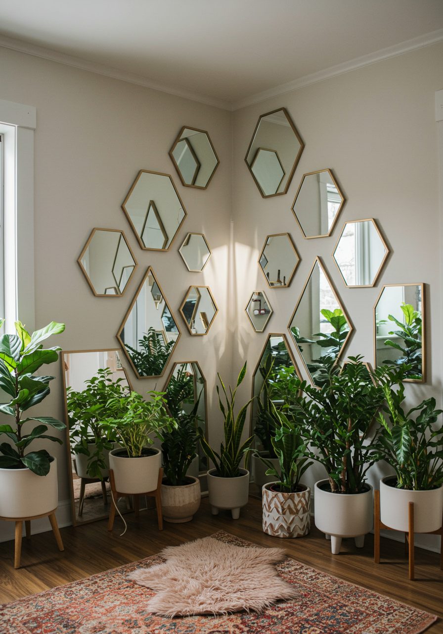 Angled mirror design reflecting light on a sloped living room wall