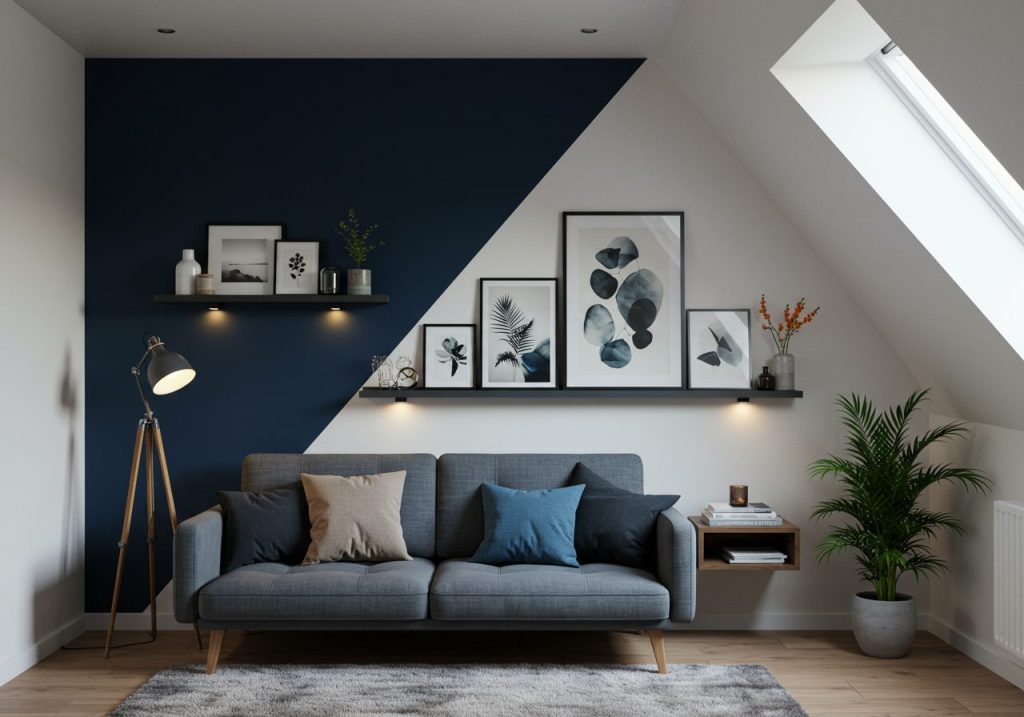 Angled wall living room decorated with bold paint, custom shelves, art, and ambient lighting