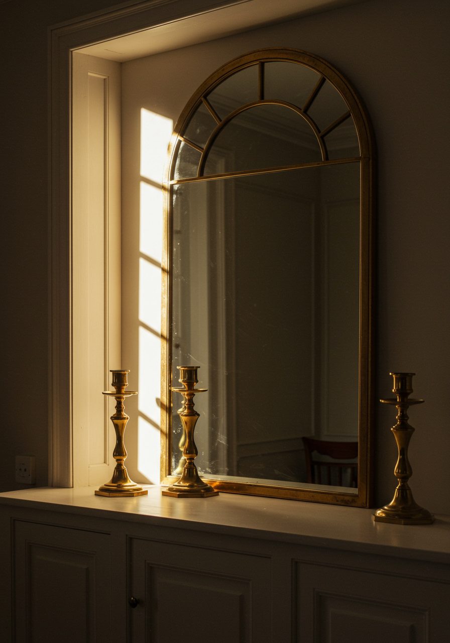 Arched mirror and metallic decor placed on high living room ledge