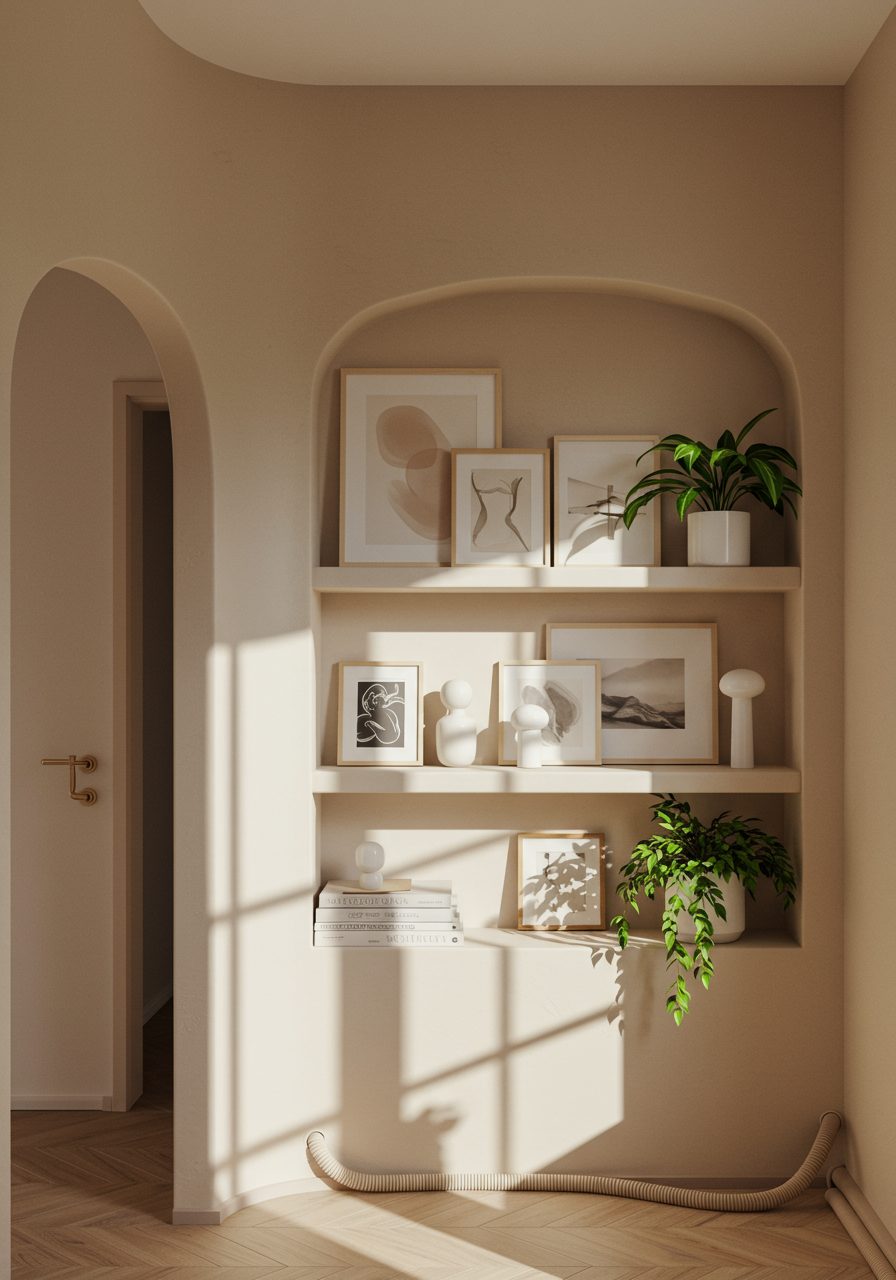 Architectural features in curved entryway including niche shelving and curved trim