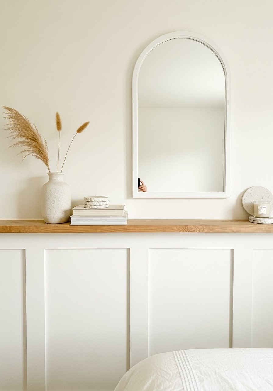 Architectural wall details like paneling and mirrors enrich a white bedroom design